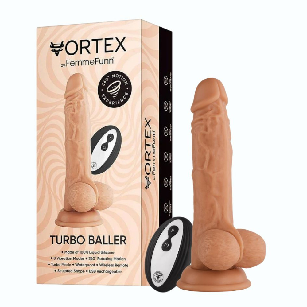 Вибратор реалистичный с ротацией FemmeFunn Vortex Turbo Baller с мошонкой на присоске, с пультом, бежевый, 20.5 см х 3.8 см фото №0 — секс игрушки: Украина, NO TABOO