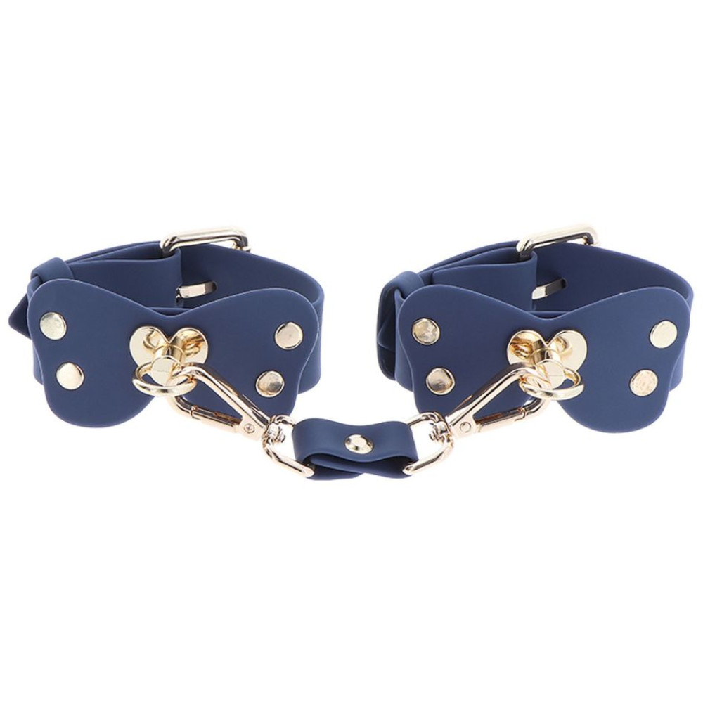 Поножи силиконовые с золотой фурнитурой Taboom Silicone Supreme Ankle Cuff Set с застежками, синие, 36.5 см, фото №3 — секс шоп Украина, NO TABOO
