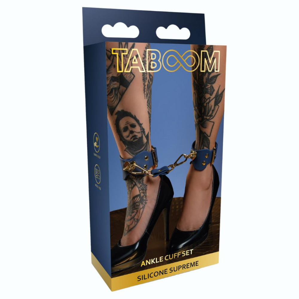 Поножи силиконовые с золотой фурнитурой Taboom Silicone Supreme Ankle Cuff Set с застежками, синие, 36.5 см, фото №0 — секс шоп Украина, NO TABOO