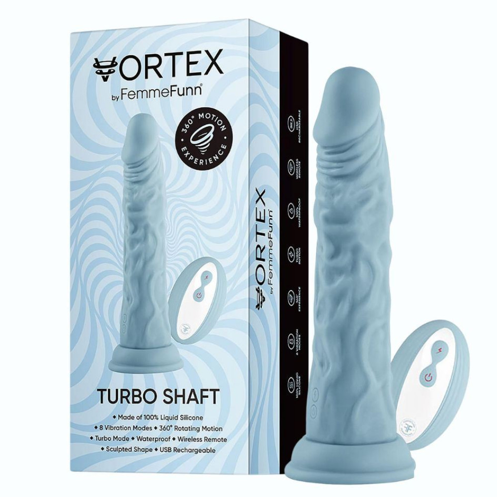 Вибратор с ротацией на присоске FemmeFunn Vortex Turbo Shaft с беспроводным пультом, голубой, 21.6 см х 4 см фото №0 — секс игрушки: Украина, NO TABOO