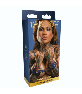 Наручники силиконовые с золотой фурнитурой Taboom Silicone Supreme Silicone Wrist Cuff Set с застежками, синие, 30 см - No Taboo
