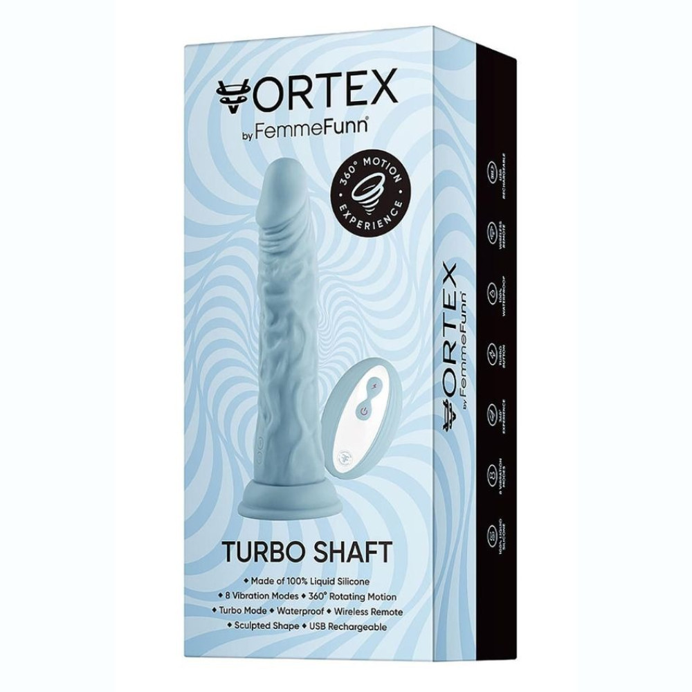 Вибратор с ротацией на присоске FemmeFunn Vortex Turbo Shaft с беспроводным пультом, голубой, 21.6 см х 4 см фото №3 — секс игрушки: Украина, NO TABOO