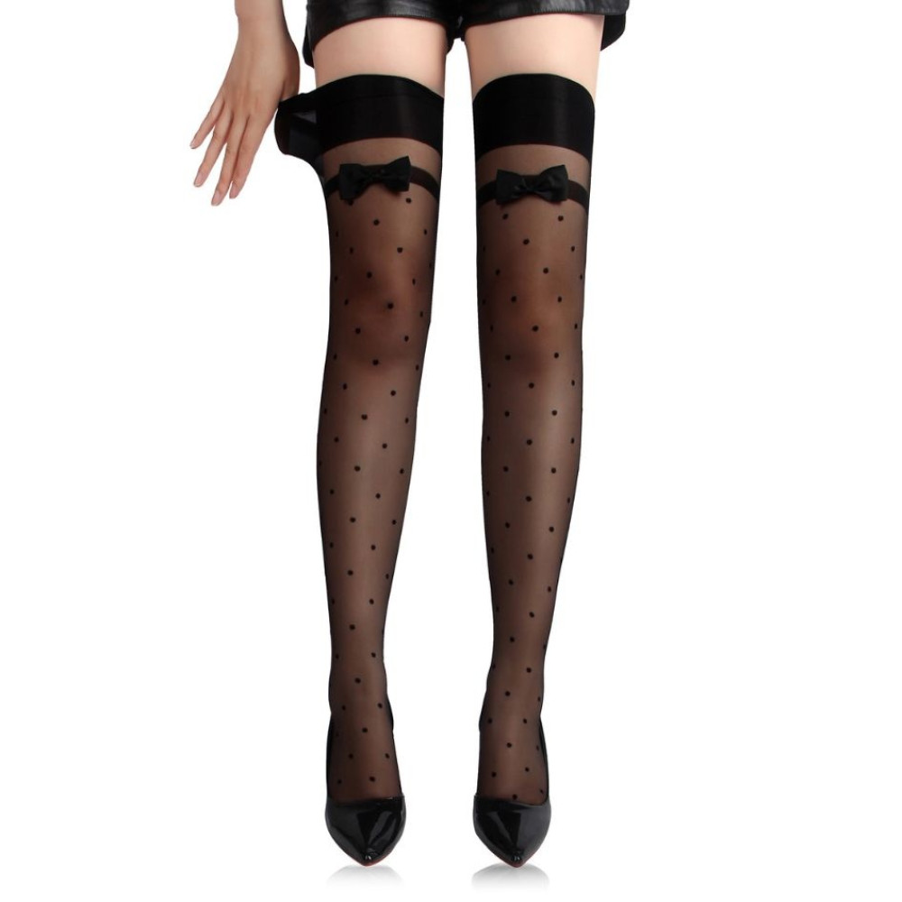 Чулки с бантами Star Night Bow and Spot Stockings в горошек, черные, OS (XS-L), фото №0 — секс шоп Украина, NO TABOO