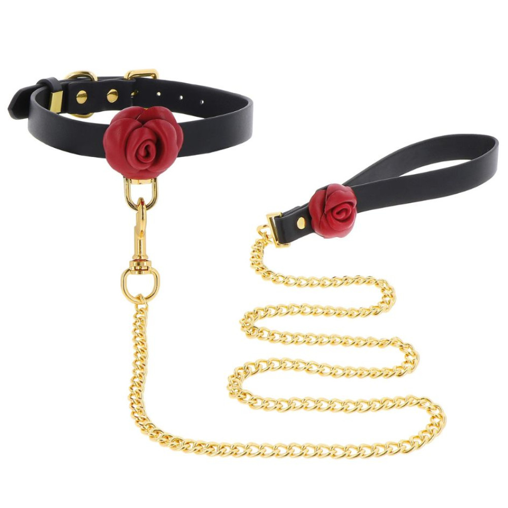 Ошейник с поводком Taboom Wild Roses Collar and Leash с розами, чёрный, фото №4 — секс шоп Украина, NO TABOO