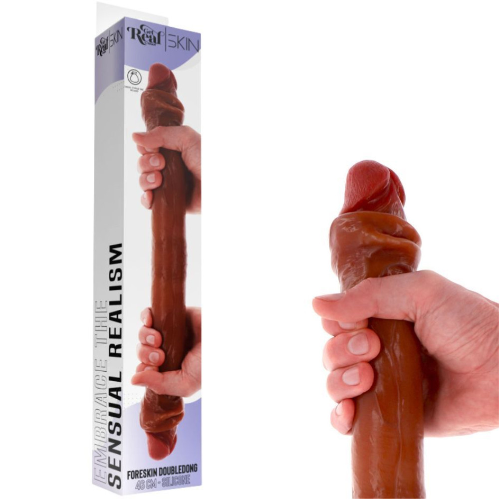 Фаллоимитатор двойной (двусторонний) ToyJoy Get Real Silicone Foreskin D-Dong из жидкого силикона, коричневый, 46 см х 4.5 см фото №4 — секс игрушки: Украина, NO TABOO