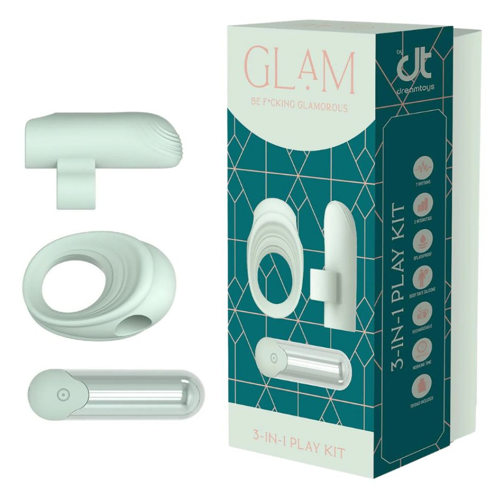 Набор Dreamtoys Glam 3-in-1 Play Kit: вибропуля, эрекционное кольцо и насадка на палец, мятный фото №0 — секс игрушки: Украина, NO TABOO