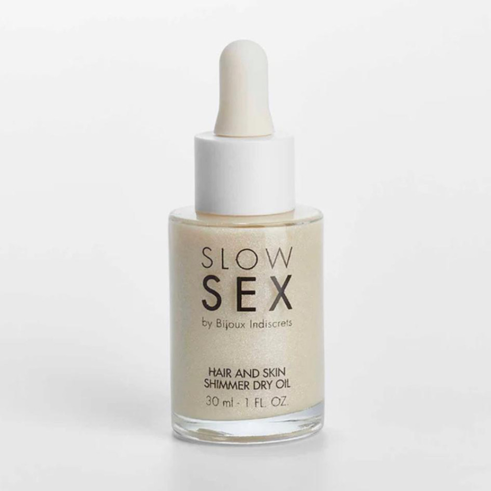 Мерцающее сухое масло для тела и волос Slow Sex by Bijoux Indiscrets Intimate Shimmer Oil с кокосовым ароматом, 30 мл, фото №16 — секс шоп Украина, NO TABOO