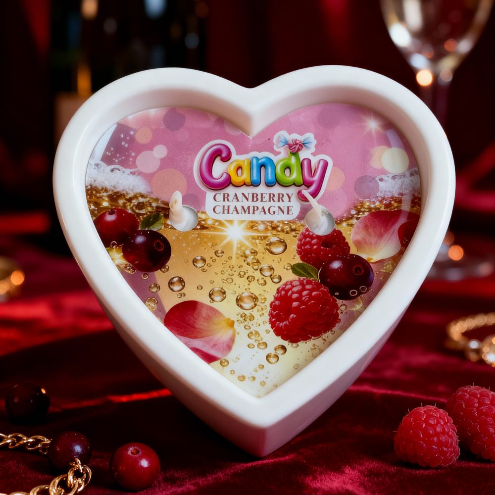 Массажная свеча с ароматом шампанского с клюквой, 70 мл, Candy Cranberry Champagne в форме сердца, фото №2 — секс шоп Украина, NO TABOO
