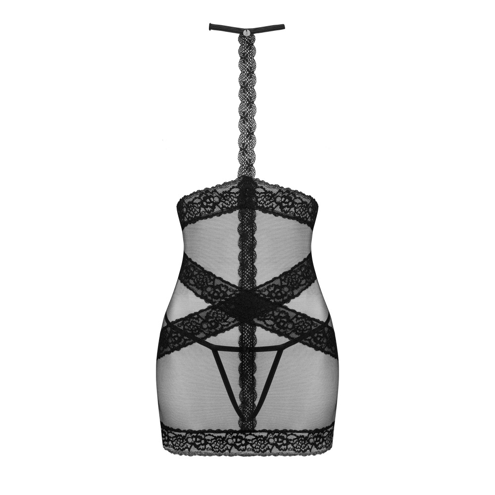 Сексуальная ночная сорочка Obsessive Lacrisia M/L, с открытой грудью, со стрингами, черная, фото №3 — секс шоп Украина, NO TABOO