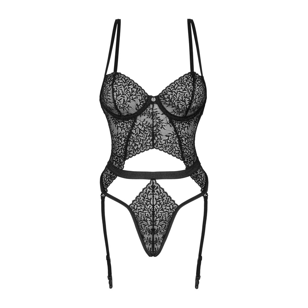Сексуальное боди кружевное Obsessive Yaskana M/L, с подвязками для чулок, черное, фото №3 — секс шоп Украина, NO TABOO