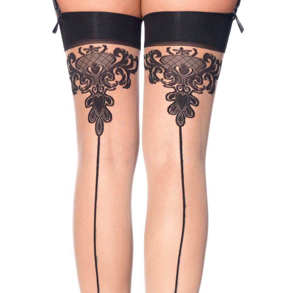 Чулки с узорами One Size Tana Sheer Thigh High Stockings от Leg Avenue, бежево-черные, фото №3 — секс шоп Украина, NO TABOO