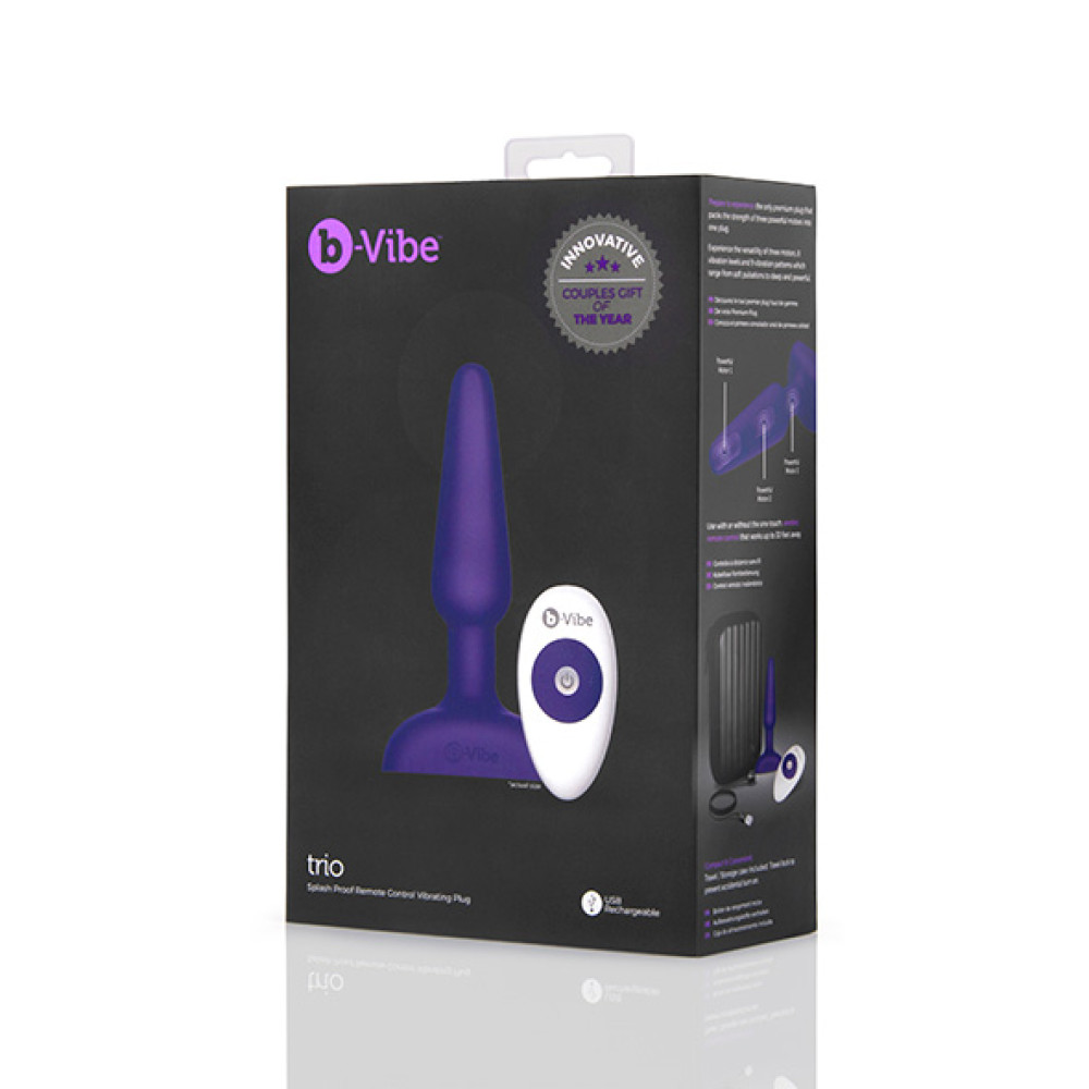 Анальная пробка с вибрацией B-Vibe Trio, с пультом дистанционного управления, фиолетовая, 13.5 х 3 см фото №2 — секс игрушки: Украина, NO TABOO