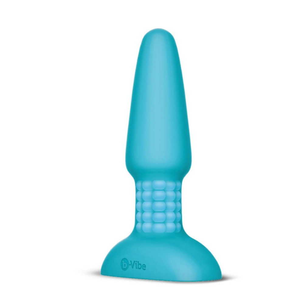 Анальная пробка с вибрацией и имитацией римминга b-Vibe Rimming Plug 2, голубая, 15 х 3.8 см фото №3 — секс игрушки: Украина, NO TABOO