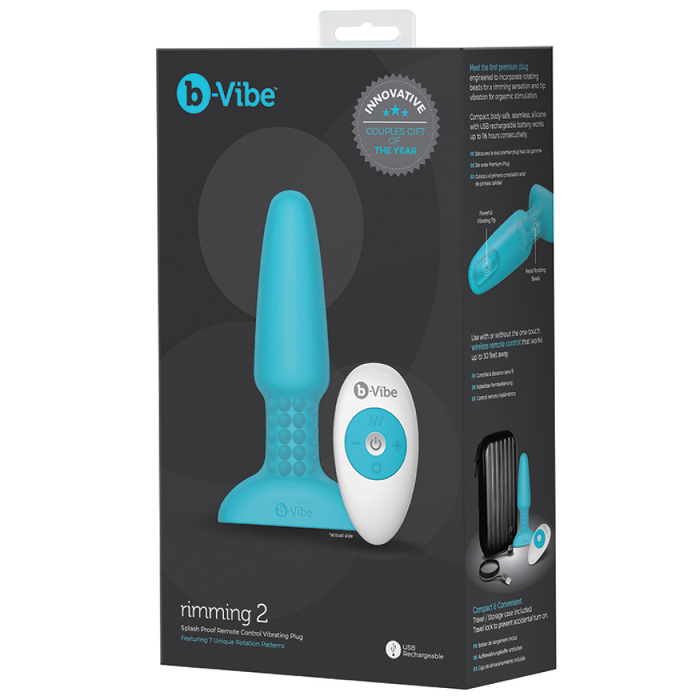 Анальная пробка с вибрацией и имитацией римминга b-Vibe Rimming Plug 2, голубая, 15 х 3.8 см фото №2 — секс игрушки: Украина, NO TABOO