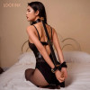 Распорка для бондажа с поножами и ошейником Lockink, натуральная кожа и металл, коричневая, 55-100 см, фото №5 — секс шоп Украина, NO TABOO