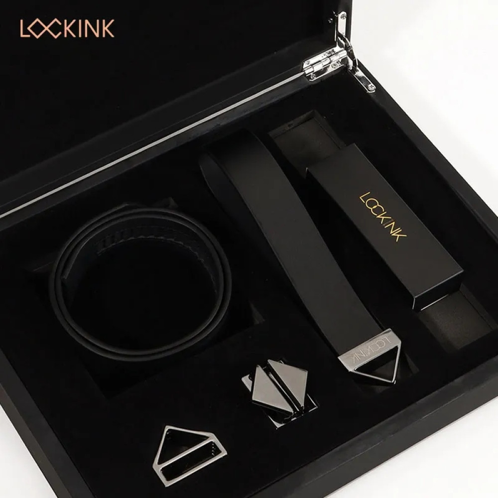 Ошейник с поводком Lockink, натуральная кожа, черный, фото №2 — секс шоп Украина, NO TABOO