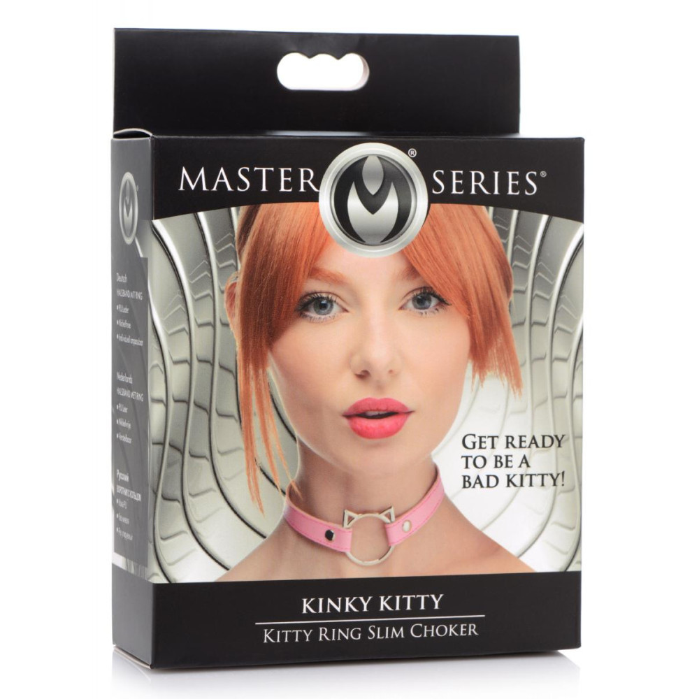 Ошейник-чокер с кольцом в виде котика Kinky Kitty Master Series, экокожа, розовый, фото №2 — секс шоп Украина, NO TABOO