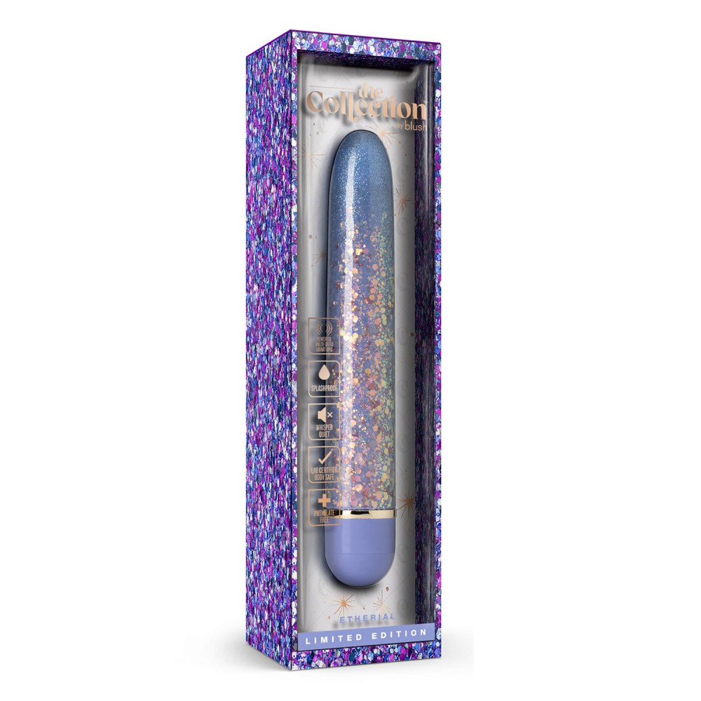 Вибратор с блестками Blush Etherial Periwinkle, фиолетовый, 17.7 х 2.5 см фото №2 — секс игрушки: Украина, NO TABOO