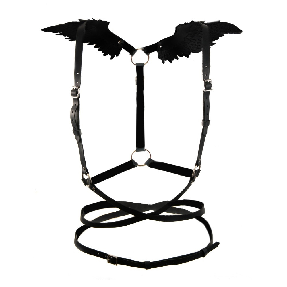 Портупея с крыльями One Size Black Angel 2, натуральная кожа, черная, фото №2 — секс шоп Украина, NO TABOO