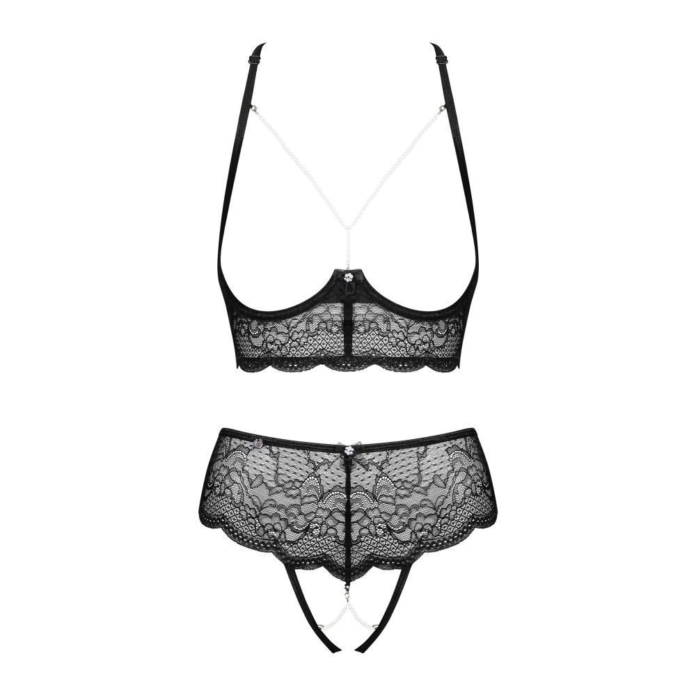 Эротичный комплект Obsessive Pearlove XS/S, с открытой грудью и интимной зоной, черный, фото №3 — секс шоп Украина, NO TABOO
