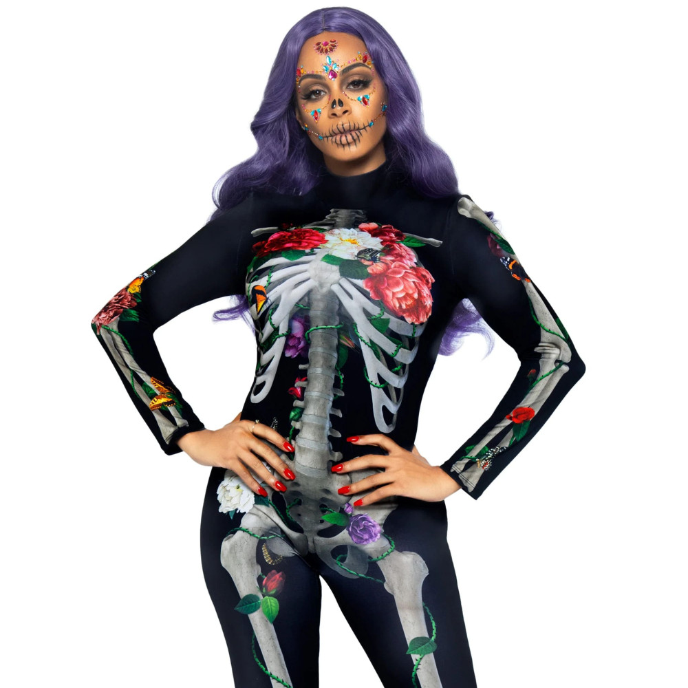 Комбинезон с принтом скелета S Leg Avenue Skeleton Floral, черный, фото №3 — секс шоп Украина, NO TABOO