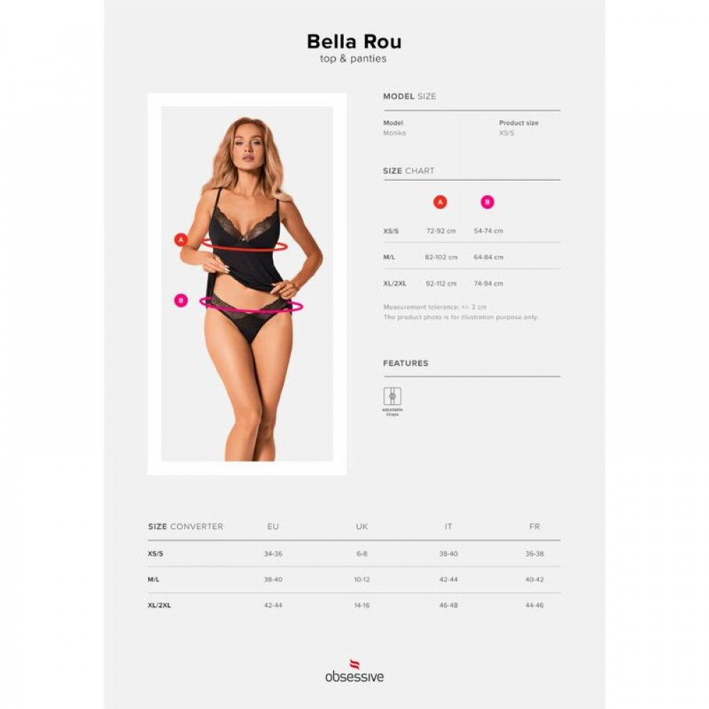 Комплект сексуальный XS/S Obsessive Bella Rou, с кружевом, черный, фото №7 — секс шоп Украина, NO TABOO
