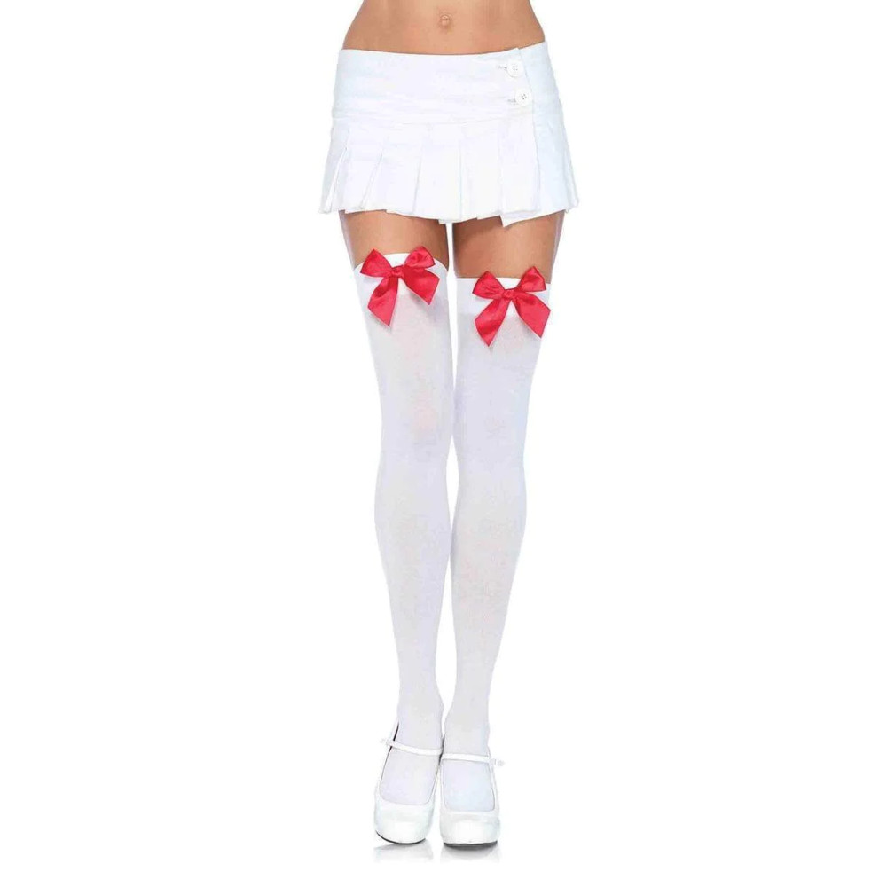 Чулки сексуальные One Size Leg Avenue, с бантиками, белые, фото №0 — секс шоп Украина, NO TABOO