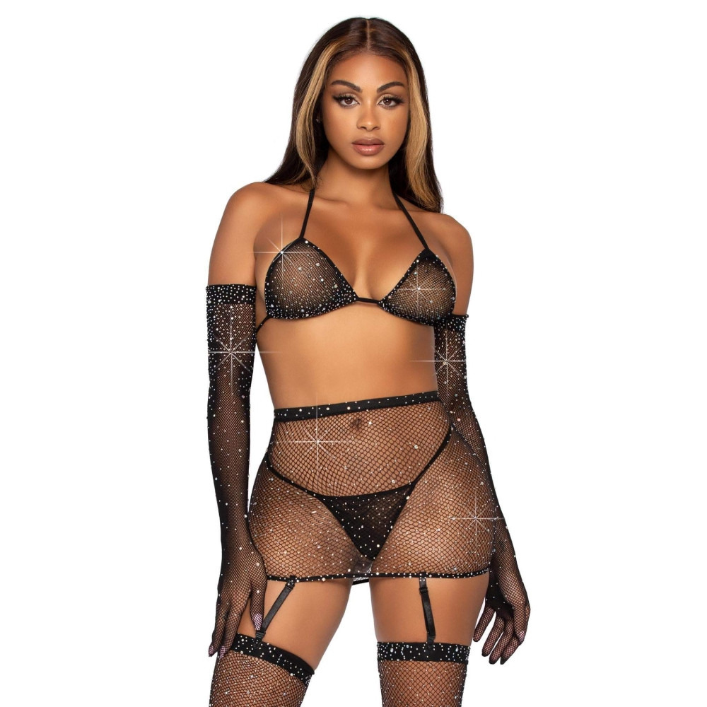 Комплект белья из сетки со стразами One Size Leg Avenue Rhinestone, черный, фото №3 — секс шоп Украина, NO TABOO