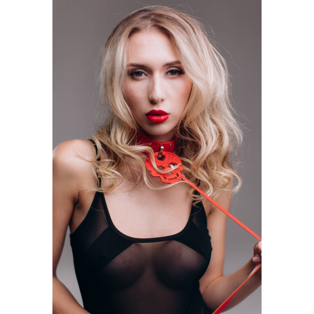 Ошейник с черепом и поводком One Size Ch 13,Candy Hero экокожа, красный, фото №2 — секс шоп Украина, NO TABOO