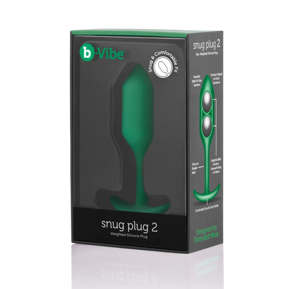Анальная пробка со смещенным центром тяжести B-Vibe Snug Plug 2, силиконовая, зеленая, 10.5 х 3 см фото №2 — секс игрушки: Украина, NO TABOO