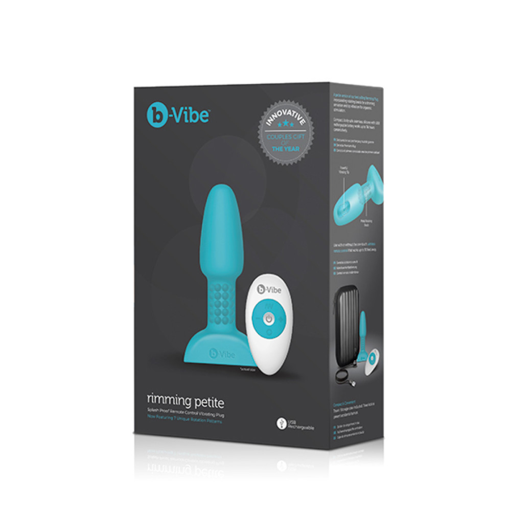 Анальная пробка с вибрацией и вращающимися шариками Rimming Petite B-Vibe, с пультом, силиконовая, бирюзовая, 12.4 х 3.5 см фото №2 — секс игрушки: Украина, NO TABOO