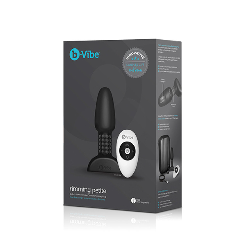 Анальная пробка с вибрацией и вращающимися шариками Rimming Petite B-Vibe, с пультом, силиконовая, черная, 12.4 х 3.5 см фото №2 — секс игрушки: Украина, NO TABOO