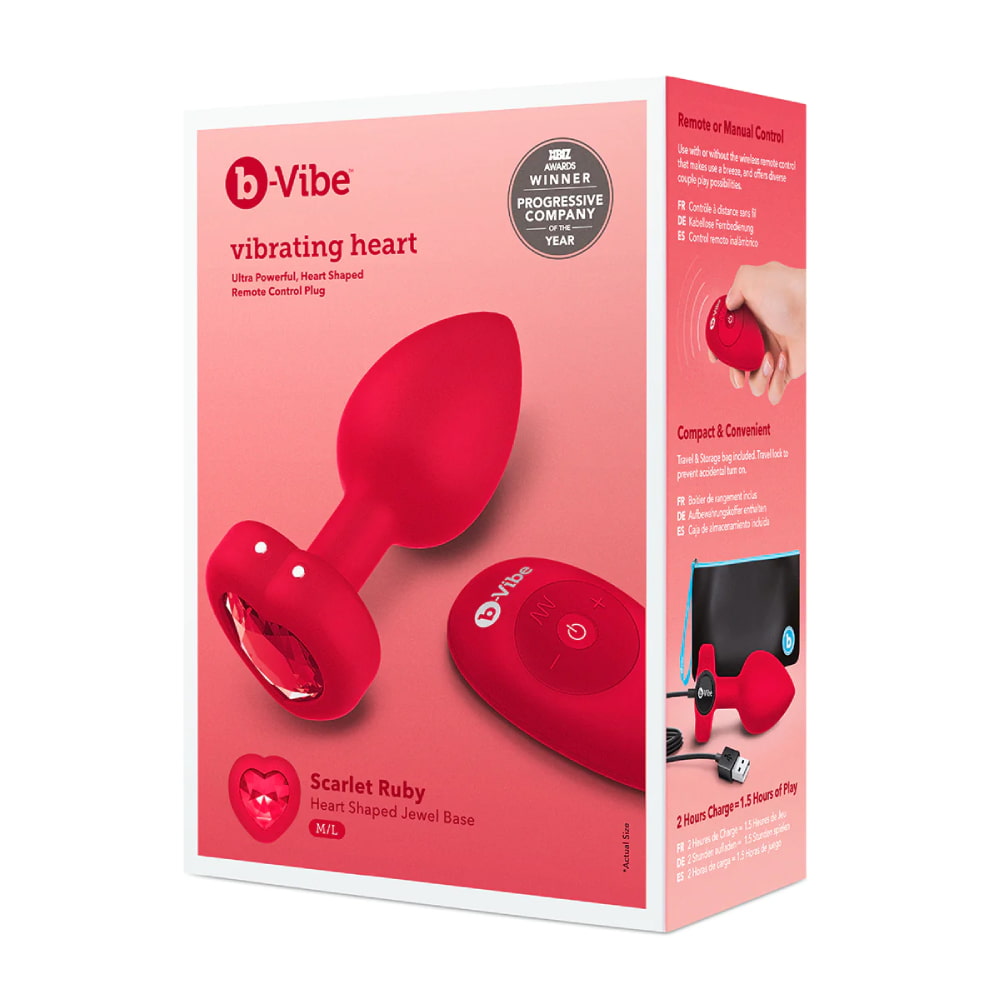 Анальная пробка с дистанционным пультом M/L B-Vibe с кристаллом в виде сердца, красная, 9.8 х 3.7 см фото №2 — секс игрушки: Украина, NO TABOO
