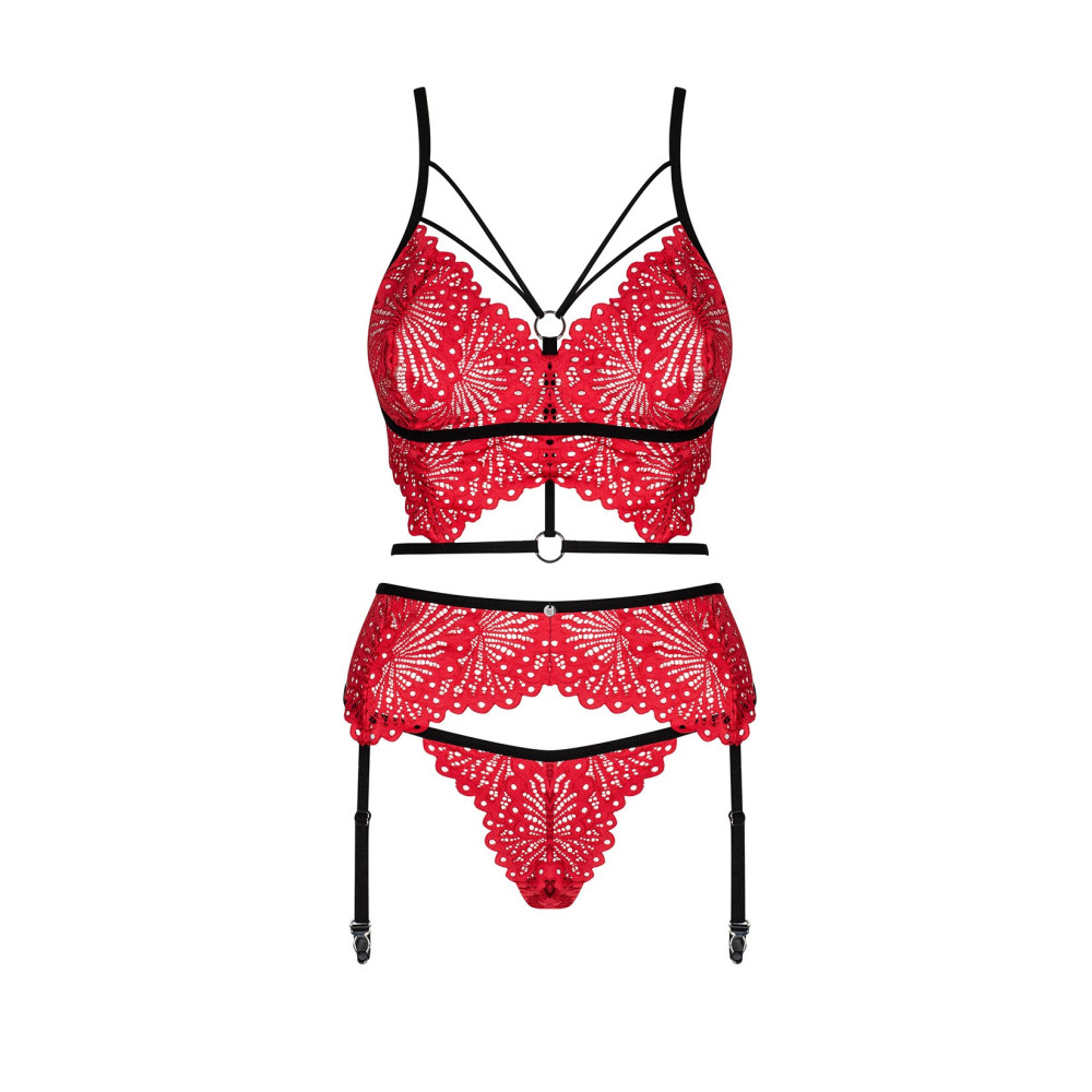Соблазнительный комплект белья L/XL Mettia Obsessive, кружевной, красный, 3 предмета, фото №3 — секс шоп Украина, NO TABOO