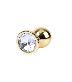Анальная пробка M с кристаллом Clear Gem Chisa, металлическая, золотая, 8.2 х 3.3 см - No Taboo