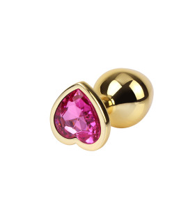 Анальная пробка M с кристаллом в форме сердца Rosy Heart Gem Chisa, металлическая, золотая, 8.2 х 3.3 см - No Taboo