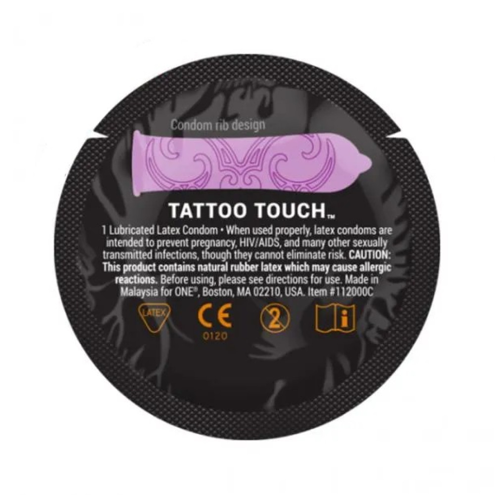 Презерватив с рельефными узорами тату One Tattoo Touch, фиолетовый, 1 шт. (215386)