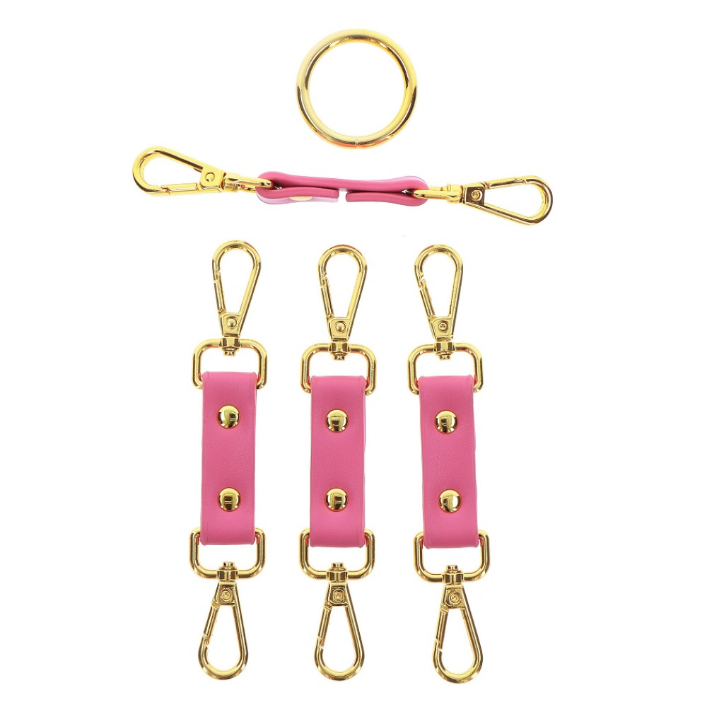 Фиксатор БДСМ универсальный Taboom Malibu Hogtie с карабнами и кольцом, розовый с золотой фурнитурой, фото №3 — секс шоп Украина, NO TABOO