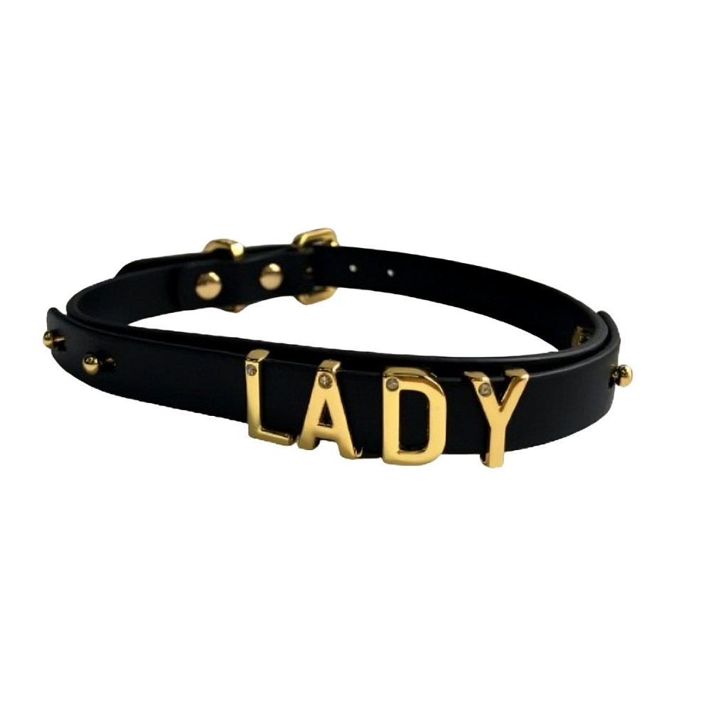 Чокер M с надписью Lady от UPKO, из кожи, черный с золотой фурнитурой, фото №3 — секс шоп Украина, NO TABOO