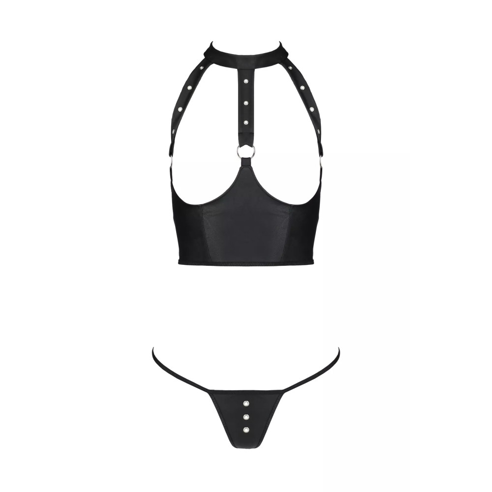 Комплект из искусственной кожи Passion Genevia с открытым бюстом, черный, S-M, фото №3 — секс шоп Украина, NO TABOO