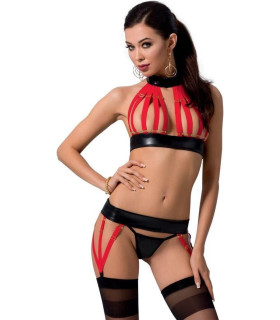 Комплект белья сексуальный S/M Aziza Passion, 3 предмета, черно-красный - No Taboo