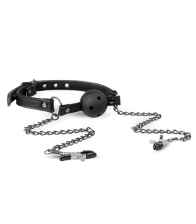 Кляп с зажимами на соски EasyToys, черный с серебристым - No Taboo
