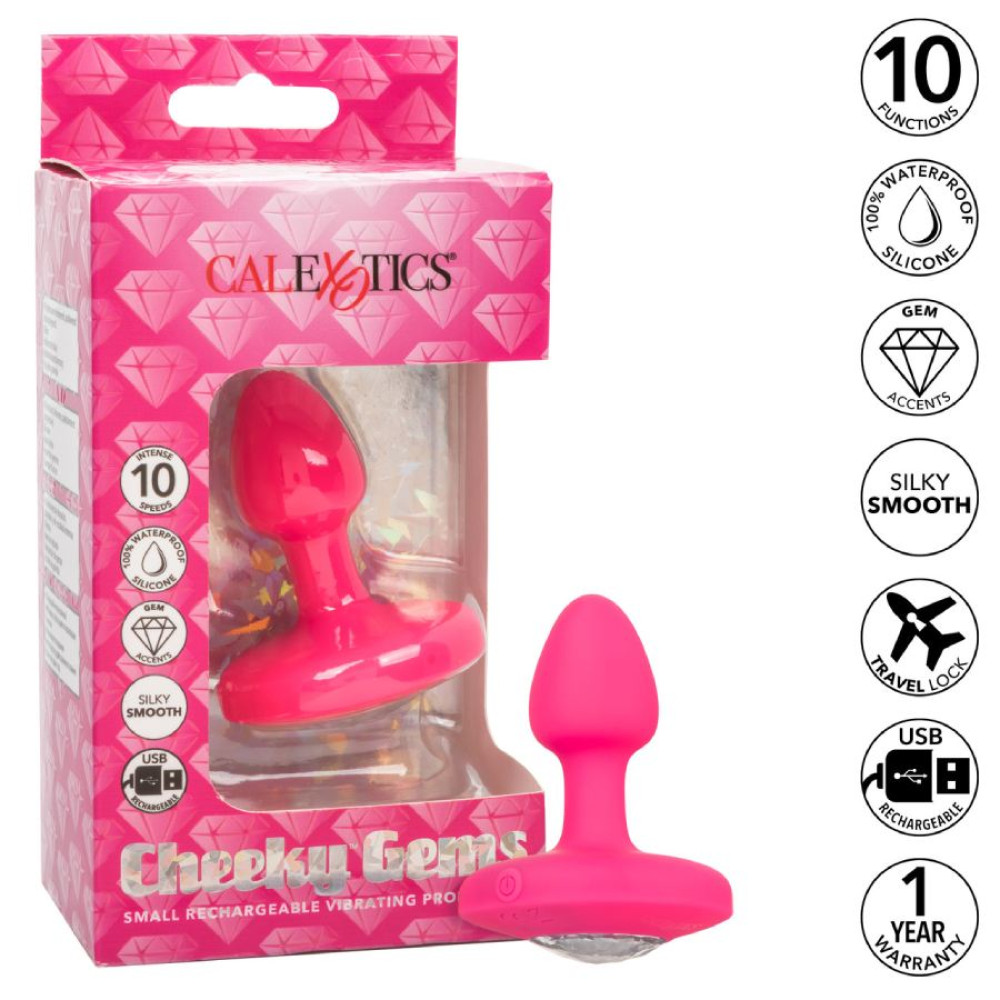 Анальная пробка с вибрацией CalExotics Cheeky Gems, с кристаллом, розовая, 5 х 2.5 см фото №7 — секс игрушки: Украина, NO TABOO