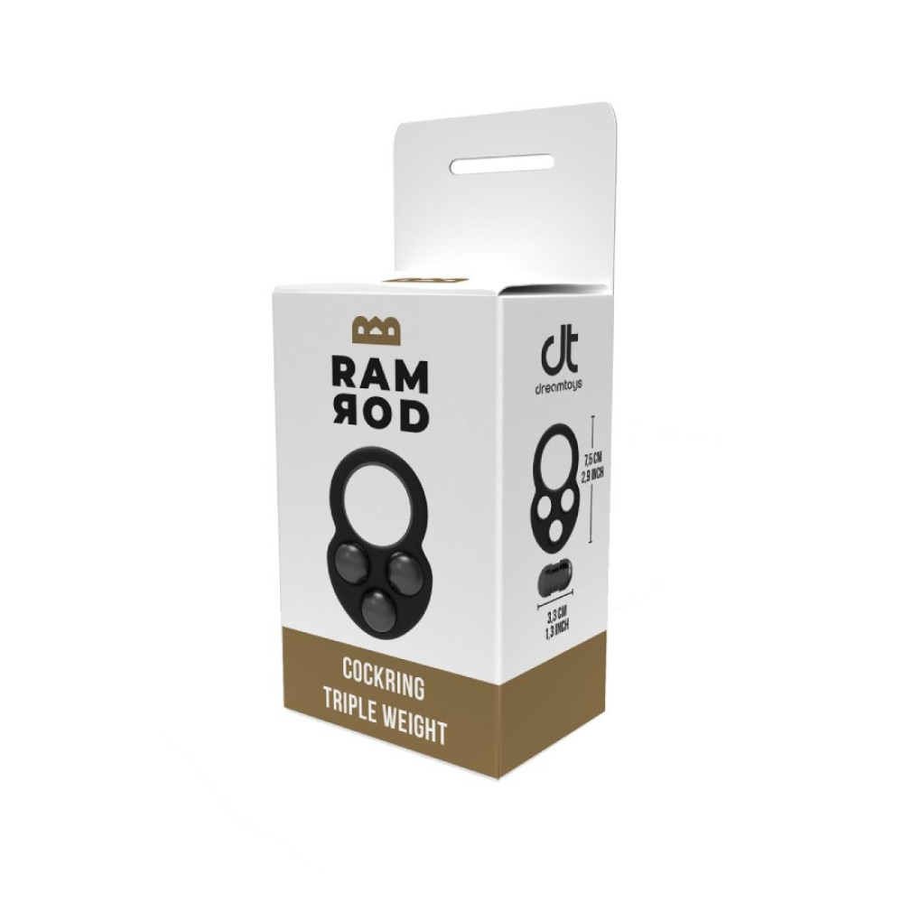 Эрекционное кольцо Dream Toys Ramrod с тремя утяжелителями, черное, 7.5 х 3.3 см фото №2 — секс игрушки: Украина, NO TABOO
