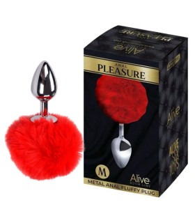 Анальная пробка Alive Anal Pleasure M с красным мехом, серебристая, 8 х 3.5 см - No Taboo