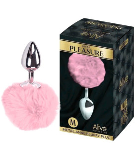 Анальная пробка Alive Anal Pleasure M с розовым мехом, серебристая, 8 х 3.5 см - No Taboo