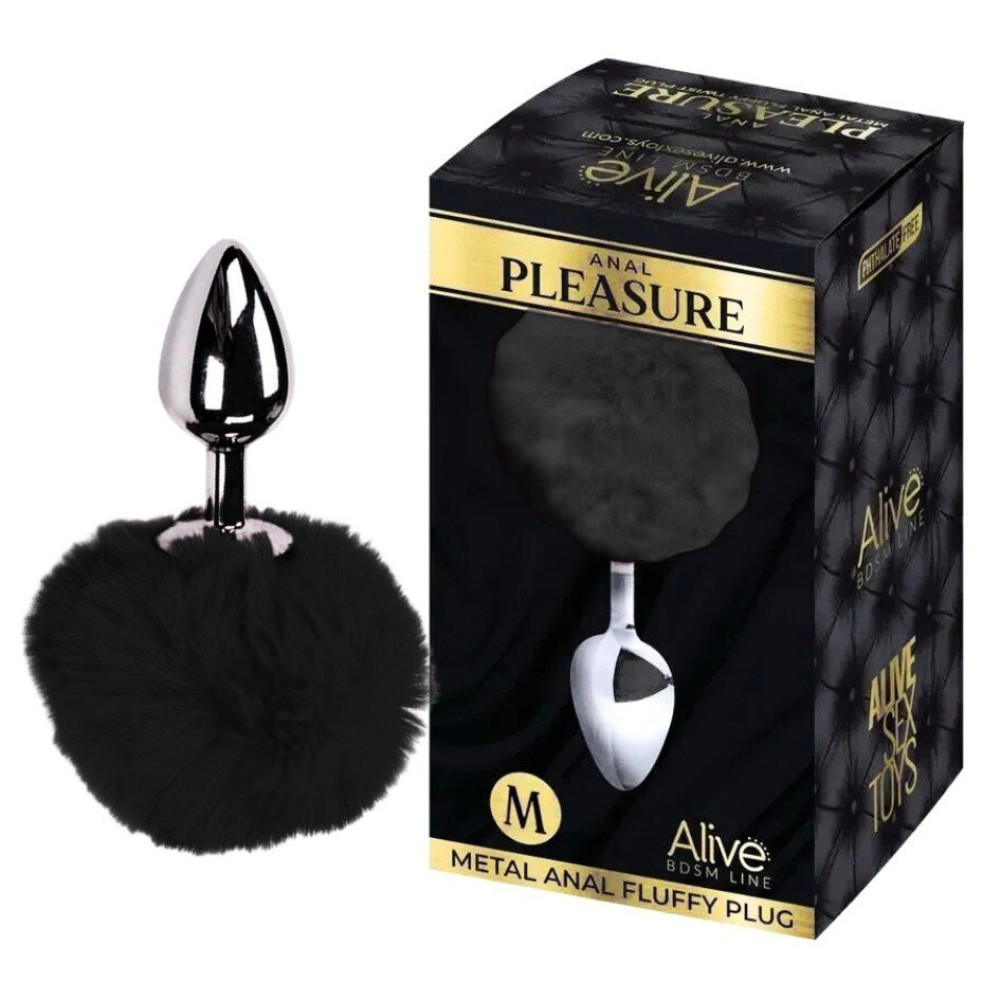 Анальная пробка Alive Anal Pleasure M с черным мехом, серебристая, 8 х 3.5 см фото №0 — секс игрушки: Украина, NO TABOO