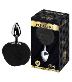 Анальная пробка Alive Anal Pleasure M с черным мехом, серебристая, 8 х 3.5 см - No Taboo