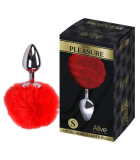 Анальная пробка Alive Anal Pleasure S с красным мехом, серебристая, 7 х 3.2 см - No Taboo