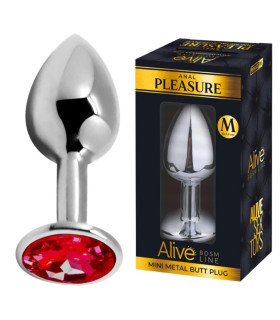 Анальная пробка Alive Anal Pleasure M, с красным камнем, серебристая, 8 х 3,4 см - No Taboo